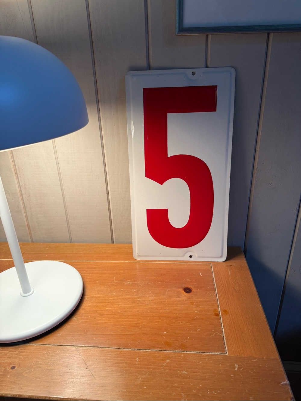 Large Red Number 5 Metal Sign, 19” tall, 10” wide.